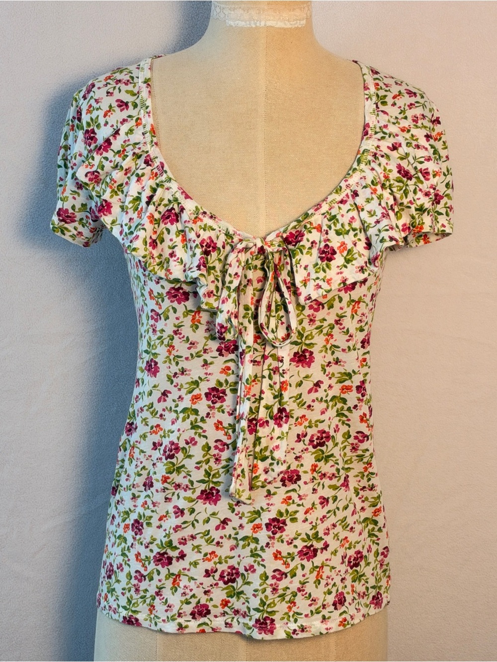Zara White Floral Tie-Front Short Sleeve Top